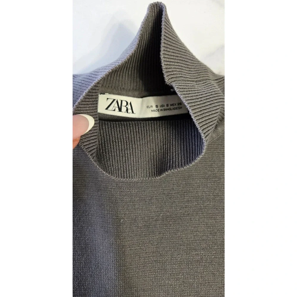 Zara Womens Cropped Tank Top Small Gray Ribbed High Neck Sleeveless Stretch Knit - Picture 3 of 6